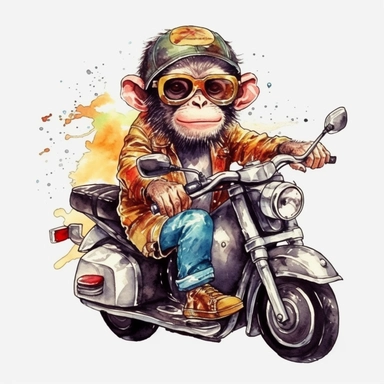 Ape baby with sunglasses riding a scooter, clipart, watercolor, anime