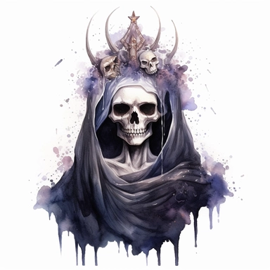 watercolor, mystic, gothic, dark skeleton, very detailed, clipart, white background