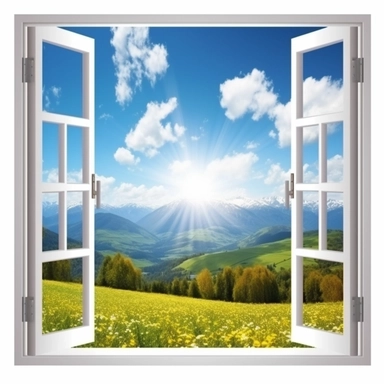 open window, view beautiful meadows, mountains visible in the distance, clear blue sky with few clouds, bright sunrise, on white background, clipart