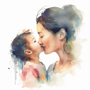 imagine watercolor, asian mother, happy, kissing child on forehead, clipart hd, profile shot, dreamy, on white background, portrait, spaced out
