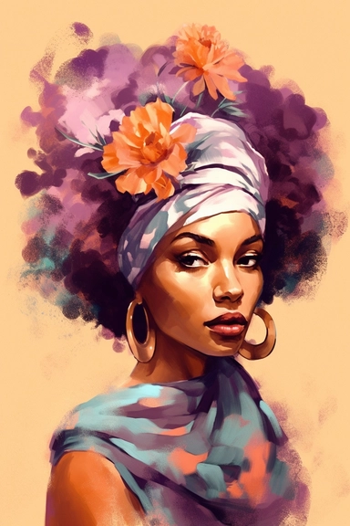 Portrait afro girl woman wears bandana for curly hairstyles. profile, black melanin skin. Shenbolen Ankara Headwrap Women. Afro Traditional Headtie Scarf Turban in tribal zebra fabric design texture watercolor clipart. pink indigo and orange. gold details on purple background watercolor texture. white flowers.