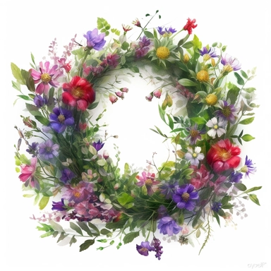 a simple gorgeous A wreath made with wildflowers and flowers and greenery on white background clipart, deep purple, emerald green, and ruby red color theme, watercolor painting realistic, high quality, vibrant, Vicente Romero Redondo, Willem van Aelst, Elsa Beskow