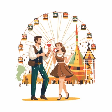 German man in lederhosen and woman in dirndl toast with one mug of beer at the oktoberfest with the ferris wheel in the background, clipart, white background