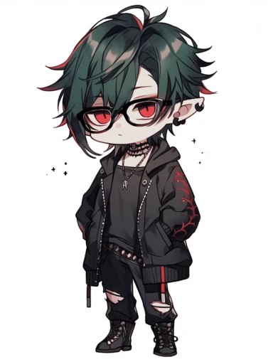 chibi, simple, anime boy, messy dark green hair, red eyes, sharp teeth, choker necklace, grey black striped sweater, black pants, hair clip, goth, punk, red, gothic, lip ring, round glasses, pointed ears, vampire, black jacket, full body, man, male, tattoos