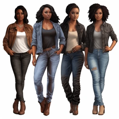 all women wearing blue jean jackets with white tee shirts in clipart style stunning beautiful black african american women with smooth brown skin Full body, four fat African - American women with varying shades of brown skin, black jeans and black leather jackets white tee shirt and white, highly detailed, very attractive, glamorous, make up beautiful, gorgeous, glowing, happy, smiling in clipart style award winning photography 8k polished and fphotorealistic detailed intricate unreal engine 5 b