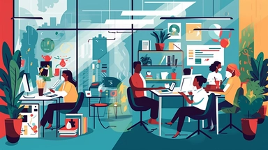 clipart of a scene of an office staff working together in an office, Alegria style, corporate memphis style, flat art, bold colors, upbeat, happy, expressive, friendly, high resolution, 8k