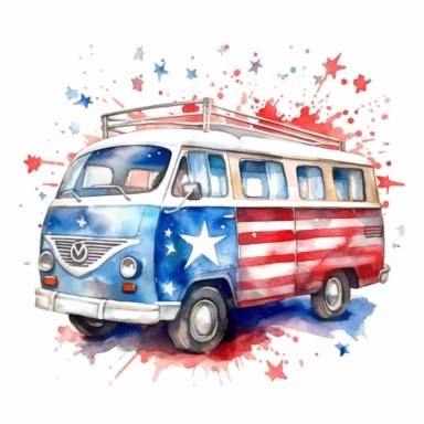 red white and blue american white stars, hippie van watercolor clipart