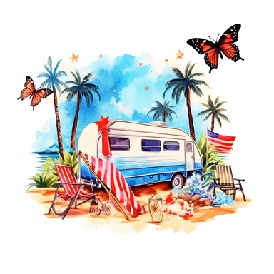 4th of july retro summer scene on the beach, butterflies, camping, watercolor style, clip art elements with white background