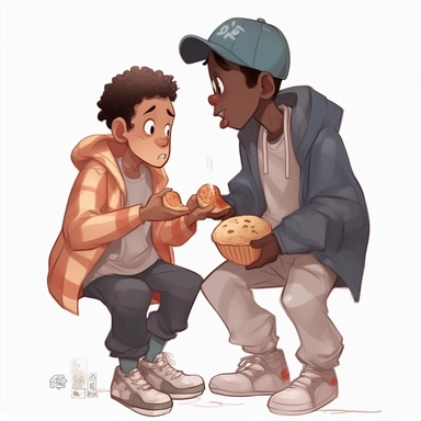 cute black little boy age 10 sharing food with a homeless little black boy age 6 in tattered clothes in Disney style clip art 8k