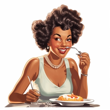 vintage 1950s illustration black woman eating Clipart, on a white background, vintage aesthetic, character focus, 4K resolution, no background, realistic rendering, use using Cinema 4D