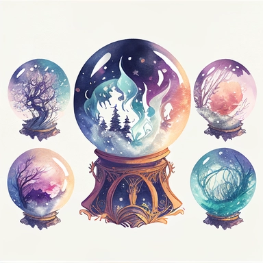 magical crystal ball, clipart, water color, deep colours, white background, border, watercolour illustration style, dreamy, 8k, intricate, illustration, detailed, png