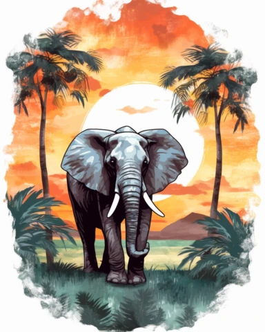 Elepfant in the jungle at sunset cartoon watercolor clip art, white background, logo vector