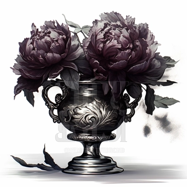 gothic dark peonies in metallic vase, painting, dark fantasy, clipart, digital art techniques, eerie compositions, white background