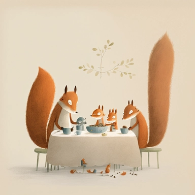 in the style of Ryo Takemasa, xuan loc xuan, Lisa Audit, Anastasia Suvorova, Jon Klassen, greg tocchini, a hearty breakfast in a winter morning of squirrel family, cozy home, fantastic realism, tranquil and serene, anemoia, white background, vector, clipart, elaborate, ultra-detailed, best quality illustration, well composed, vibrant colors, high definition, UHD