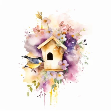 Watercolor illustration of a bird house, a flying bee, add lavender and pink flowers with green leaves, add yellow and gold watercolor splash in the background, hd, white background, clipart--ar3.2--s1000
