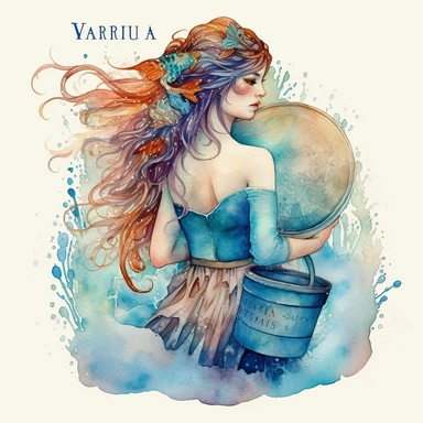 boho watercolor illusration of Aquarius the zodiac fairy carrying a water-bucket, inspired by the Aquarius zodiac sign. Zodiac-fairy Aquafae character design, pre-raphaelite fantasy, vibrant color palette, intricate detailing, ethereal quality, delicate watercolor, detailed brushwork, fluid color blending, dreamy whimsy, serene enchantment, white background clipart illustration, svg, vector