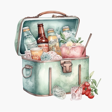 watercolor, hyper realistic, white background, white margins, 16k, ultra detailed clipart, cut out image, hand-drawn, whimsical a retro-style cooler in pastel colors, complete with an ice pack and a selection of beverages. Soft mint green, dusty rose, and pale yellow