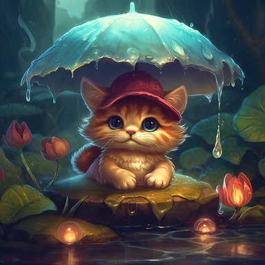 Enchanting, high-quality splash art of an adorable( baby kitty:1.1) up close sitting under (toadstool:1.1) (mushroom:1.1) shaped like an umbrella in an (enchanted forest:1.1) in the (rain:1.1) dark shadows, deep contrast, (bioluminescence:1.1), magical, mystical, intricately detailed scene, (soft pastel colors:1.1) with a touch of (bright colors:1.1), wet muddy ground, puddles, fantasy-inspired art,masterpiece, award winning, digital artwork, Clip Studio Paint, rich colors, painterly texture, tr