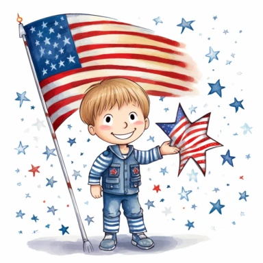 independence day u.s.a. super-cute , Perfect for nursery art and children's book illustration style, simple, cute, full color, clipart, watercolor illustration, single object, white background for removing background