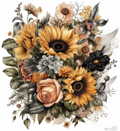 CREATE A MAGNIFICENT AND EXQUISITE BREATHTAKING HIGH QUALITY HIGHLY DETAILED WATERCOLOR CLIPART ILLUSTRATION OF STUNNING mixed bouquet of sunflowers and roses is painted on a white background, in the style of use of earth tones, dye-transfer, dark yellow and dark bronze, mix of masculine and feminine elements, naturecore, realistic color schemes, folk art inspiration