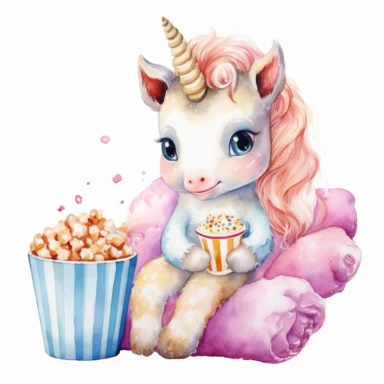 Cute baby unicorn enjoying movie night with popcorn watercolor Clipart