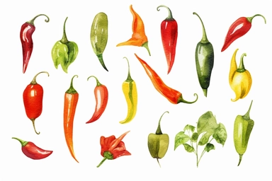 watercolor Chili pepper vegetable clipart, flat style, no volume, few details, washed out, minimalistic style, very lose details, very light colors, transparent colors, light airy hues and pastel tones, spaced out, white background, washed out colors and paint, hand-painted watercolor, watercolor spray, watercolor splash, splatters and paint smudges on top of each Chili pepper, watercolor paper with visible rough paper texture, a variety of watercolor brushes, do not cross workspace borders, rou