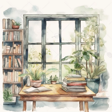 a watercolor clipart of a bookroom with a big window, white background clipart, plants and nature, in the style of darkly romantic illustrations, uhd image, studyplace