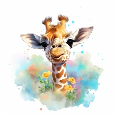 isolated clipart on a white background of a watercolor happy baby giraffe illustration, in the style of zbrush, storytelling, mashup of styles, in the style of daniel f. gerhartz, transcendent, nikon d850, art of burma, captures the essence of nature, in the style of organic forms and patterns, expansive skies, hyper-detailed illustrations, i can't believe how beautiful this is, lively colors