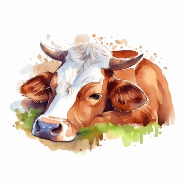Painted cartoon illustration of cow sleeping, clip art, digital art, HD, white background, watercolor, white liner, no paint drips