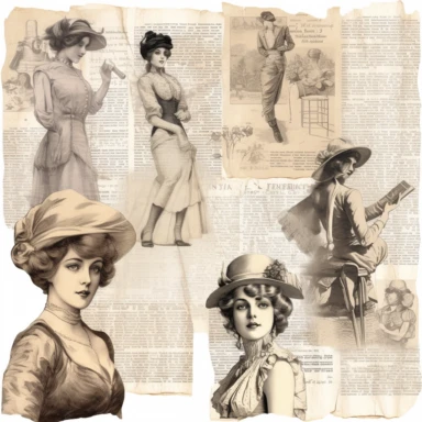 vintage style woman newspaper illustrations clipart set, detailed 4k, clipart style, background white