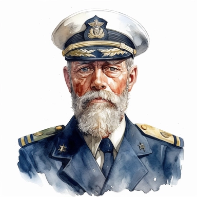 ship captain, watercolor, clipart, hyperrealistic, white background
