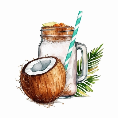 watercolor colorful clipart of a refreshing coconut drink, hd, on white background