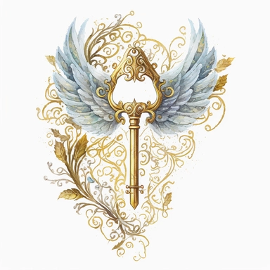 golden key with wings, elven filigree, watercolor clipart, white background, high detail