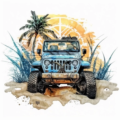Beach Jeep Watercolor Sublimation Clipart ,Cartoon,hyper realistic, intricate detail, illustration style,high solution,on the white background