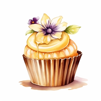 Design a clipart image of an banana cupcake in a watercolor style, with banana slices decoration and a topping. You can also add some colorful candy or chocolate chips to make it more attractive. You can add white flowers and green leaves to the design.