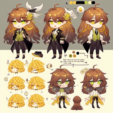 character sheet, knoling, clipart, inventory catalog, cute chibi character, golden wavy long hair, long bangs, yellow-green eyes, flat chest, beautiful young boy, gothic, frill, lace shirt, high West brown shorts, yellow bird, mimosa, yellow jewelry, ribbon