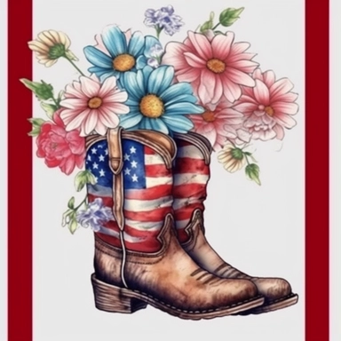 American flag with Cowboy boots Flower Sublimation Clipart, Cartoon funny, Cute anime, Very detailed, firework fullcolor background