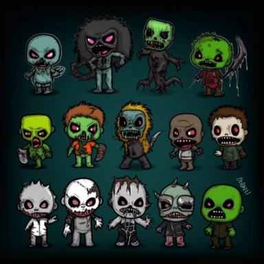 a set of black line clipart inspired by zombie wolves and income inequality and class warfare and evil muppets and Funko Pop toys