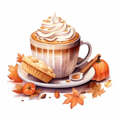 a ultrarealistic watercolor illustration of a Autumn Sweets and Drinks Clipart Pumpkin Pie Cookie Cupcake, Teapot Fall Hot Drink, in the style of realistic watercolor paintings, terracotta colors, bloomcore, high resolution, white background