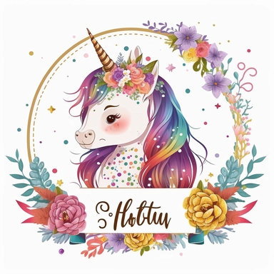 cute unicorn in chibi style with flowers in hair, colourful rainbow colours, well lite, with name plate ribbon with gold trim, watercolor clipart using procreate grain brush, svg white background