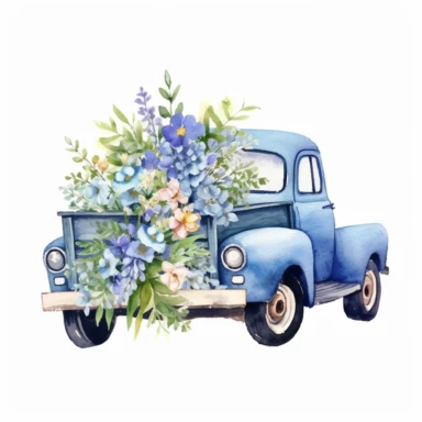 cute blue pick up truck loaded with flowers watercolor clipart