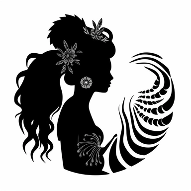 beautiful mermaid logo, fancy fin, mermaid with flowers in hair, blowing a conch shell, black clipart silhouette, solid white background,