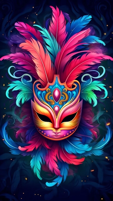 mardi gras invitations and clipart with a mask, in the style of dark sky-blue and dark pink, uhd image, animated gifs, marius borgeaud, colorful cartoon, attention to fur and feathers texture, dark orange and light green