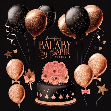 Party Clipart, Birthday Elements, Rose Gold Birthday Clipart , glitter, Birthday Cake PNG, Wedding Clipart, Balloon Clipart Set, Baby Shower black background