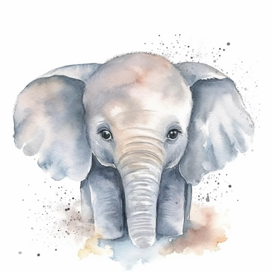 A delightful and charming watercolor clipart of an adorable baby elephant, designed for commercial use. This heartwarming composition captures the innocent charm of the African Safari Zoo animal, set against a crisp white background that accentuates its delicate watercolor textures and playful features. The baby elephant, with its gentle eyes and playful trunk, is skillfully painted in a soothing palette of grays and pastels, encapsulating the essence of nursery-themed art. The clipart emphasize