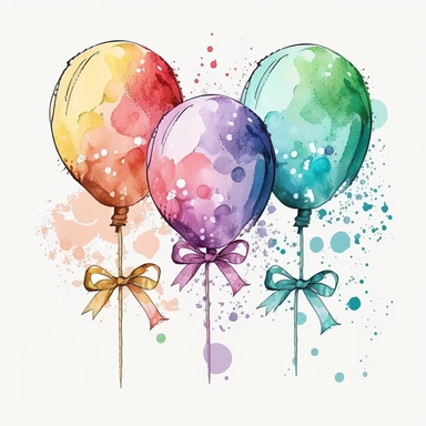 Watercolor clipart of 3 colorful balloons with spinning ribbons and bowknots on each balloon. The clipart features vector illustration with a symmetrical design on a white background. There is no text, watermark, extra ribbon, blurring, ugliness, or deformities present. v4