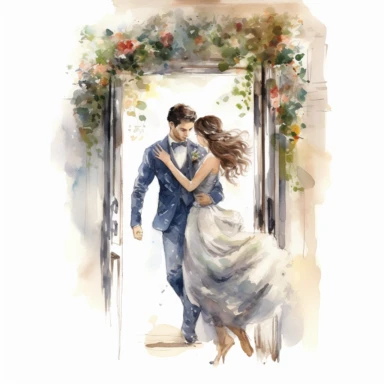 handsome GROOM, carrying his bride across a threshold adorned with flowers, entering their new life together, watercolor, Pixar style, Clipart on a white background