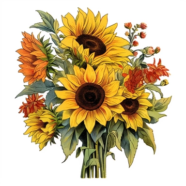clipart, a bouquet of yellow sunflowers, vintage seed catalog style, Cole's garden annual 1915 , high quality Vector illustration. Isolated on a white background, no gradient, text
