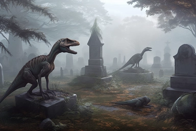 realistic clipart velociraptors in foggy enchanted cemetery graveyard, digital painting