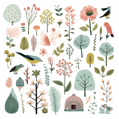 spring clipart pictures, illustrations, stamps, elements, in the style of muted colours, dotted, found objects, pigeoncore, cottagecore, animated gifs, paper cut-outs white space around objects, objects separated in the style of clip art, 2x spaced out, isolated white background s 750